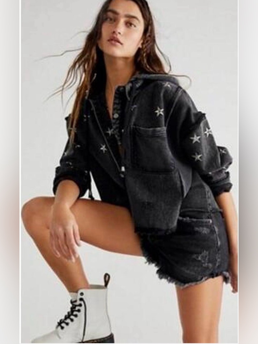 Free People Beyond The Stars Top Jacket Embroidered Stars Charcoal Black Small